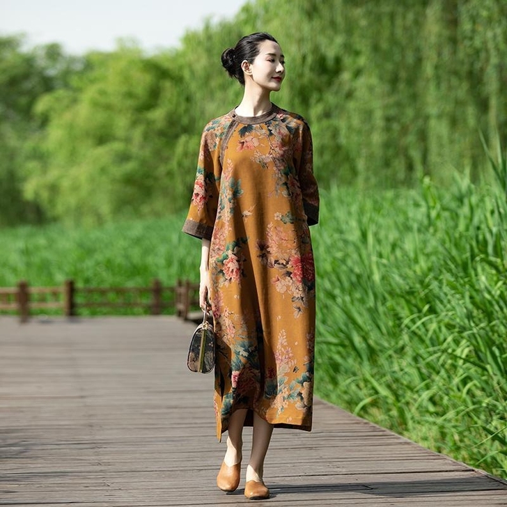 春夏款复古中长款过膝重磅仿真丝连衣裙女中式...