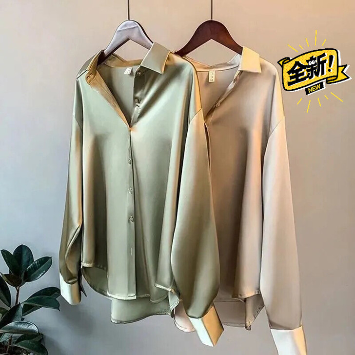 (出口订单取消清仓)长袖缎面衬衫女设计感春...