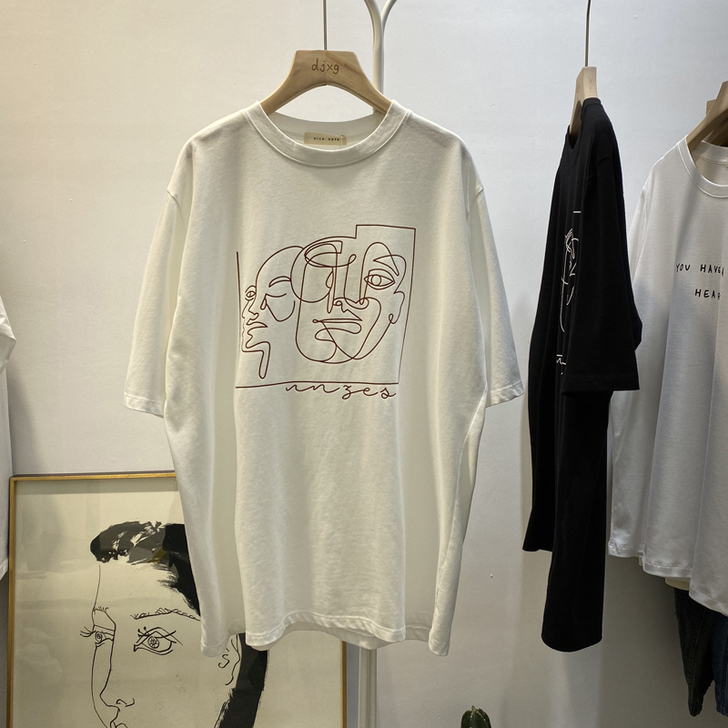 春季韩版圆领短袖磨毛抽象印花t恤女宽松显瘦...