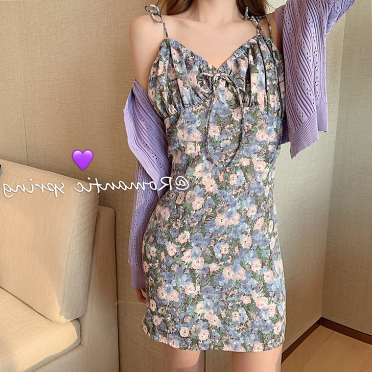 法式油画碎花吊带裙女式春夏季性感内搭打底小...