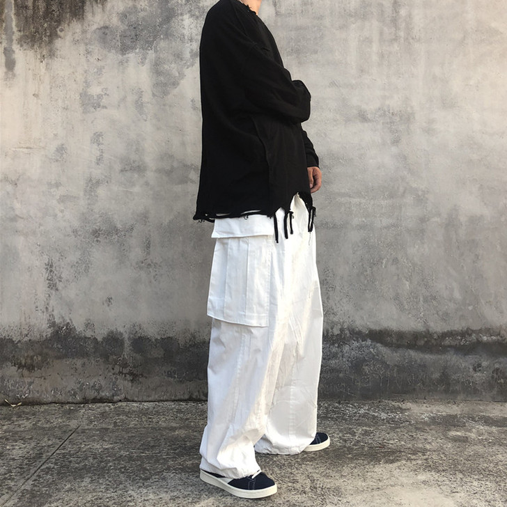 自制原创ins超火的裤子高街暗黑宽松白色直...