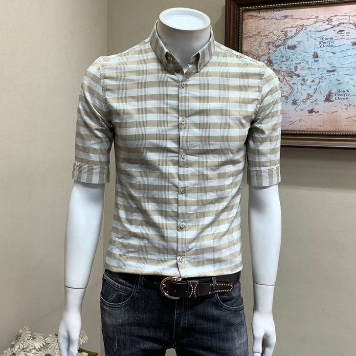 格子半袖衬衫男士休闲夏季短袖翻领上衣韩版潮...