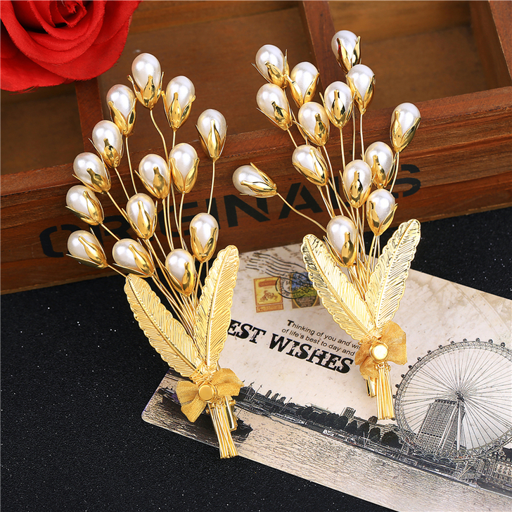 复古巴洛克金色珍珠发夹高端新娘饰品发饰欧美...
