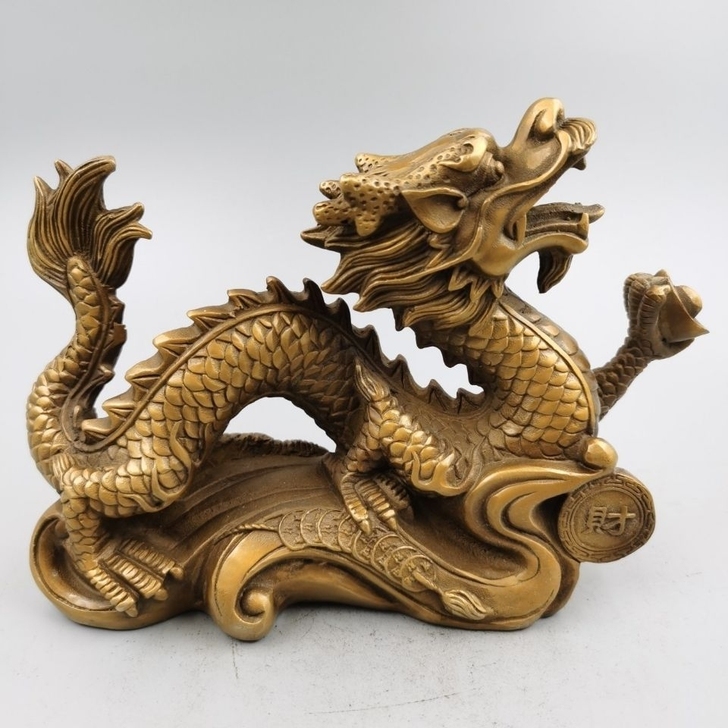 纯铜五爪金龙青龙单龙戏珠招财黄铜摆件工艺精...