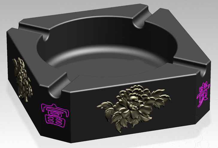 UG四边牡丹烟灰缸3D图STP格式，简单大...