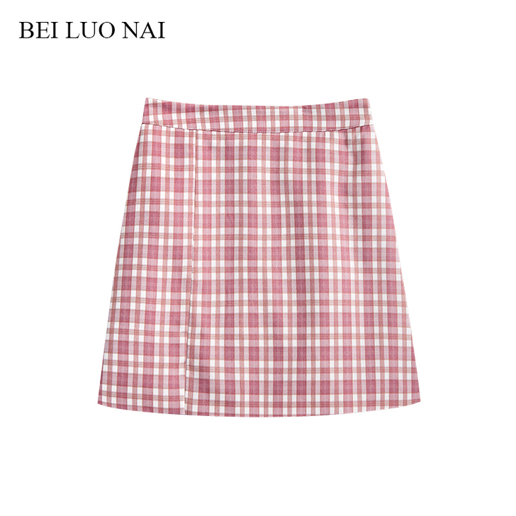 格子半身裙高腰包臀显瘦开叉a字裙2021夏...