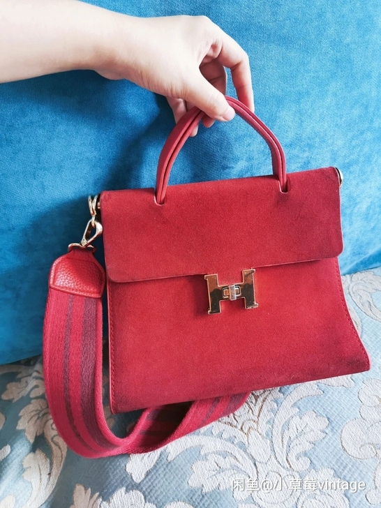 【包邮】红色手提小方手提包单肩包麂皮翻毛皮...