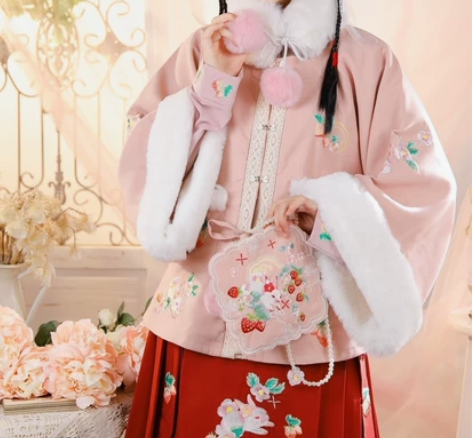 玉术汉服女花开兔原创汉元素加厚方领半袖披袄...