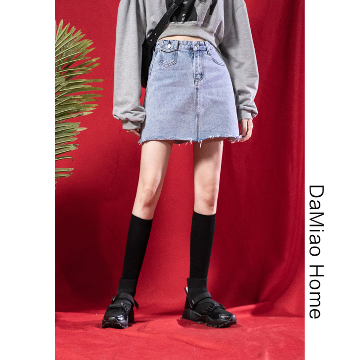 新款港风高腰显瘦A字牛仔短裙女2021浅色...
