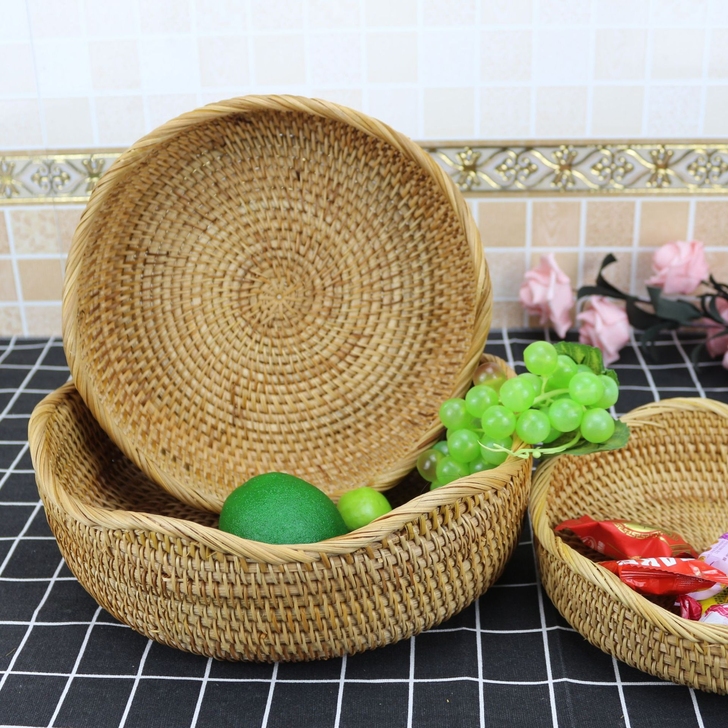 藤编收纳筐波浪花边水果盘 点心糖果零食收纳...