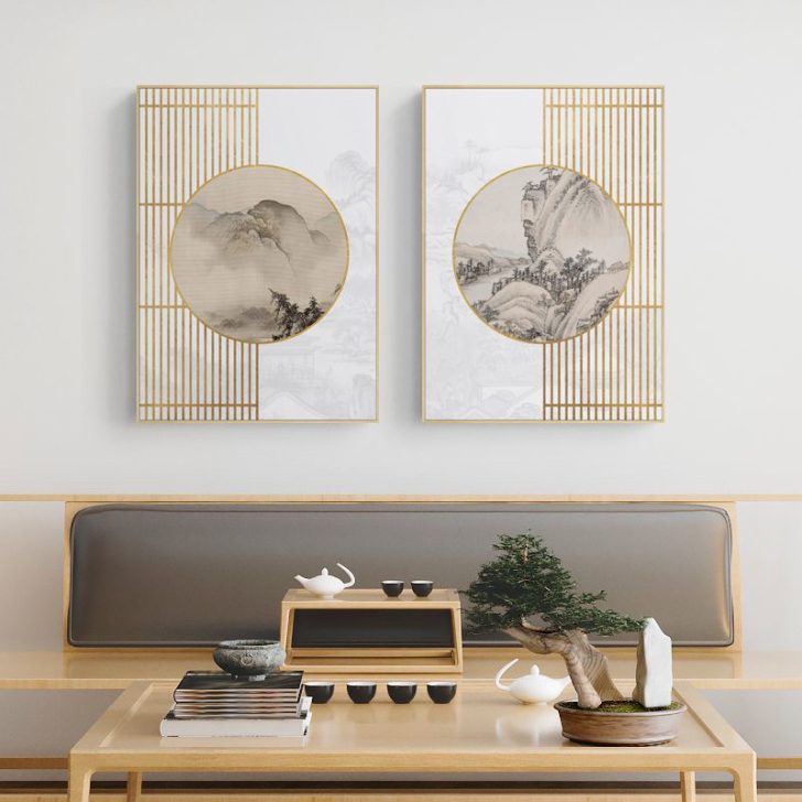 新中式中国风禅意客厅装饰画日式原木风挂画文...