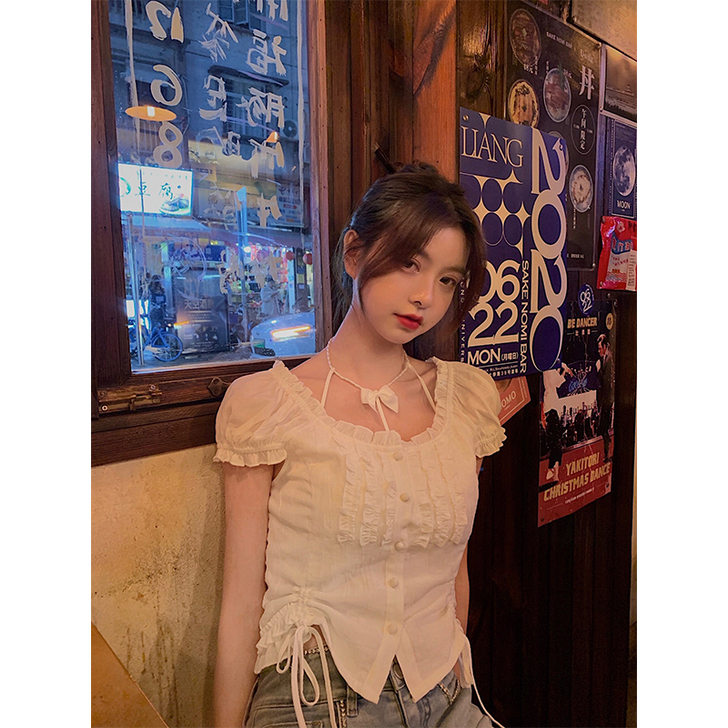范智乔法式方领白色上衣女夏设计感小众泡泡袖...