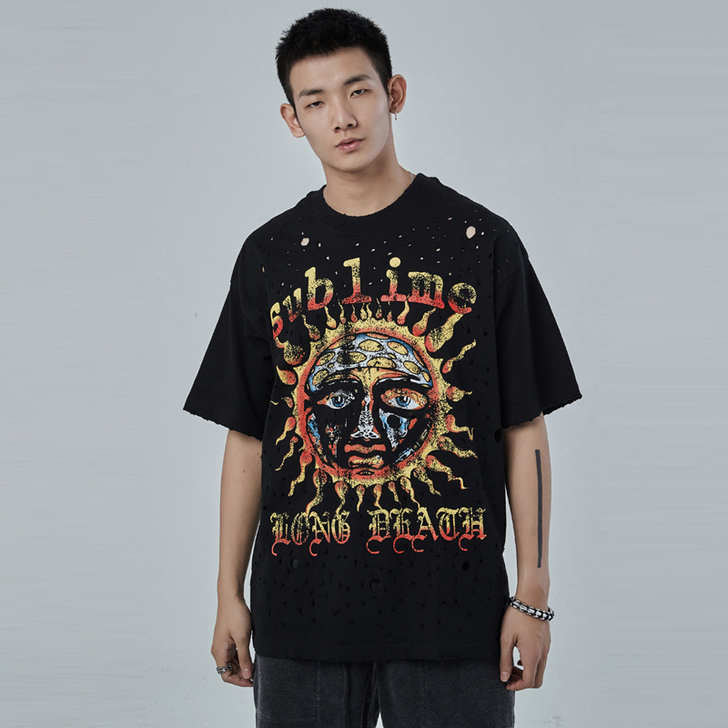 夏季新款小破洞圆领宽松短袖t恤男士潮牌太阳...