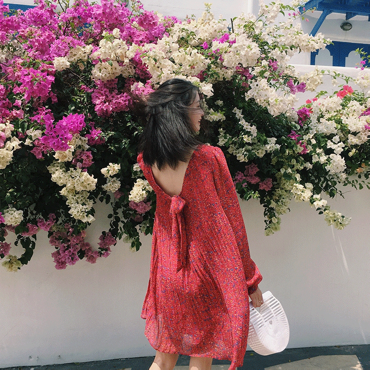 范智乔 长袖雪纺碎花连衣裙夏小清新娃娃裙初...