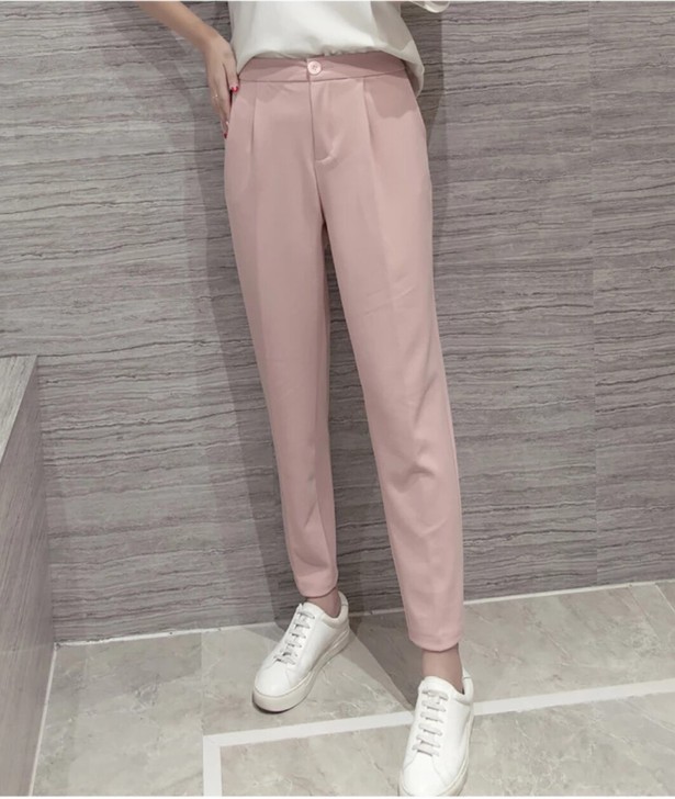 女装松紧带褶窄口裤商务通勤裤子，裤腰穿着紧...