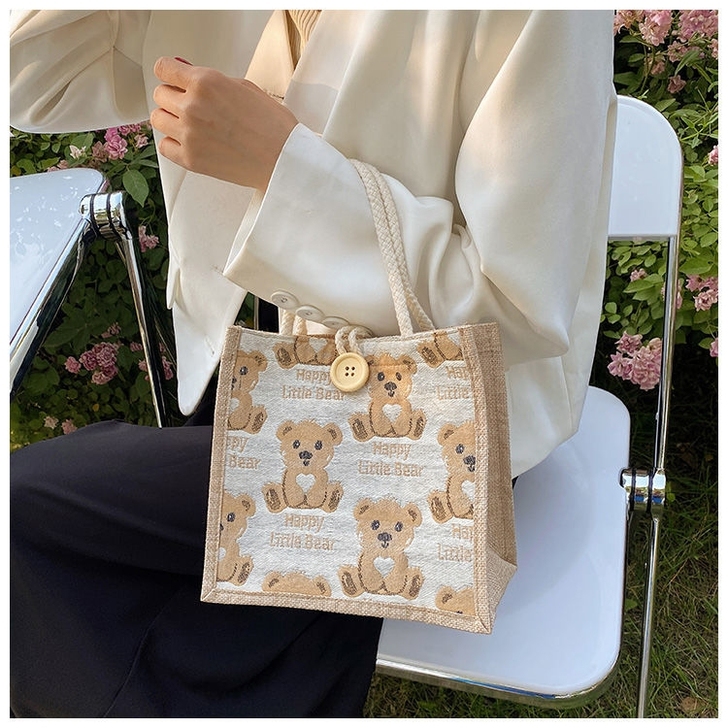 亚麻手提袋女外出手拎包2021网红ins日...