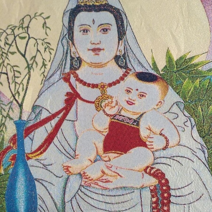 【送子观音】尼泊尔唐卡画像织锦画 观音送子...