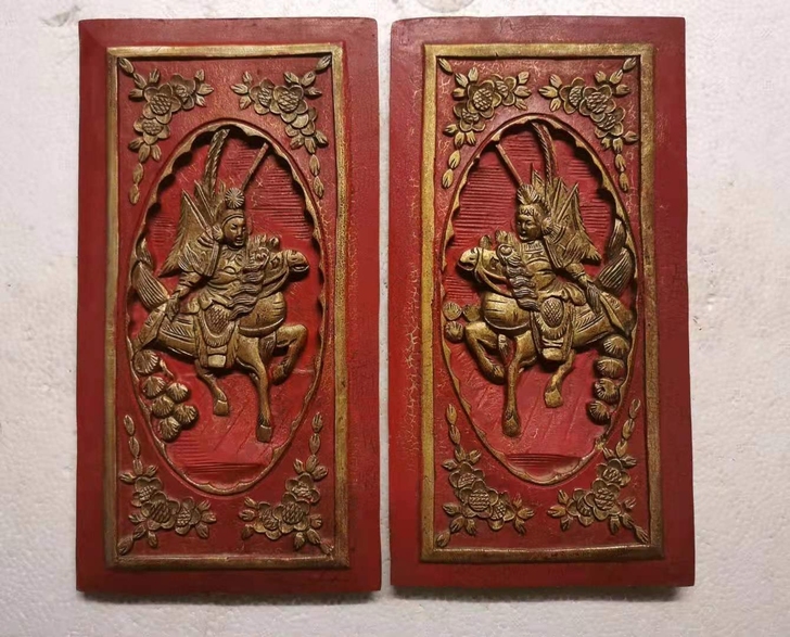 老木雕花板，将军出征图案，雕刻精致，四角衬...