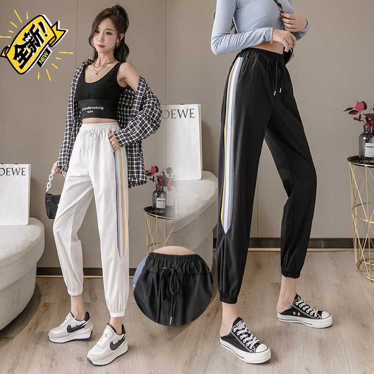 2021夏季薄款冰丝速干九分运动裤微胖女生...