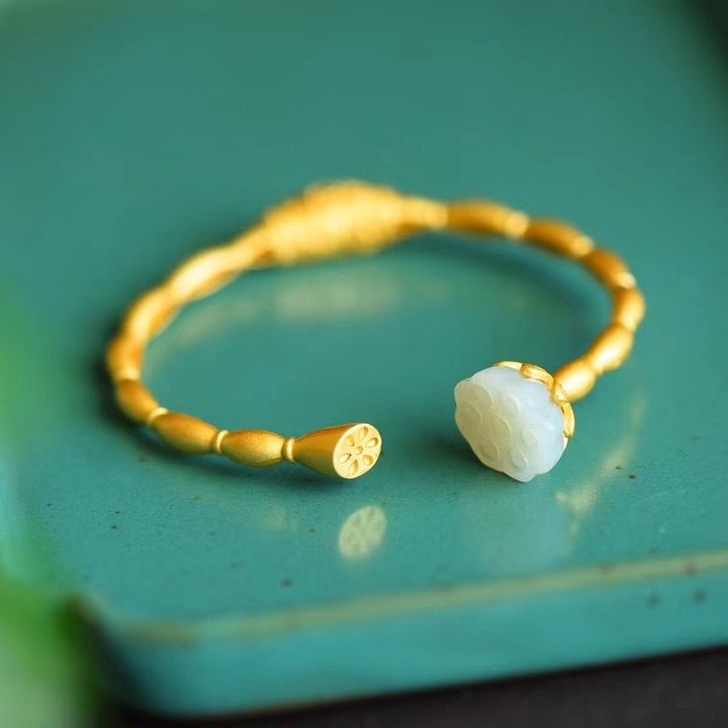 和田玉白玉莲藕莲蓬手镯，S925纯银鎏金工...