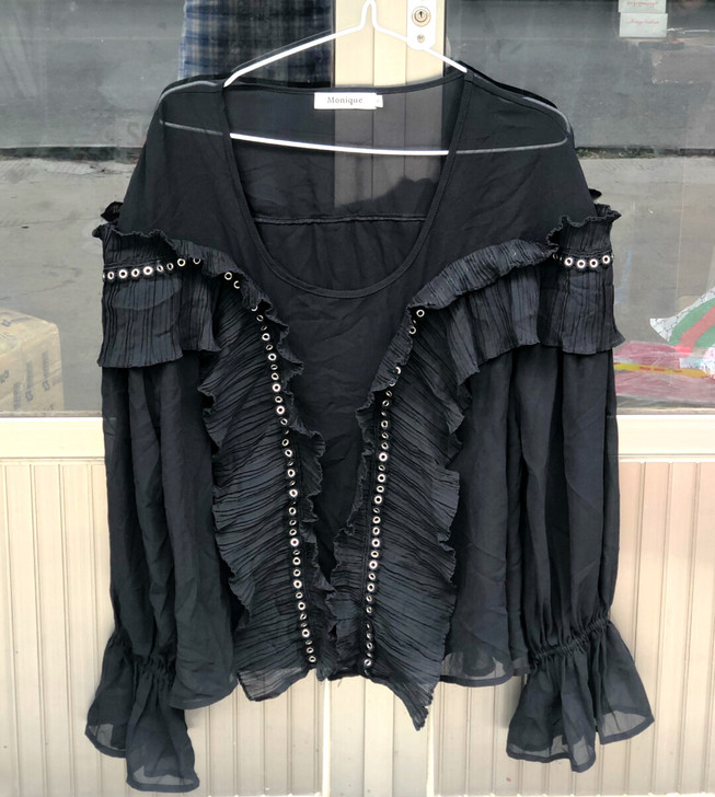大码服装店 黑色荷叶袖宽松雪纺衫