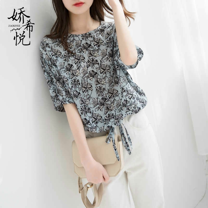 雪纺衫女中袖夏季女装2020新款蝴蝶结百搭...