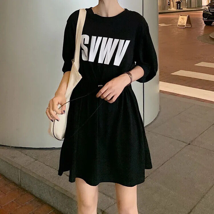 夏季韩版2021新款抽绳收腰显瘦运动风字母...