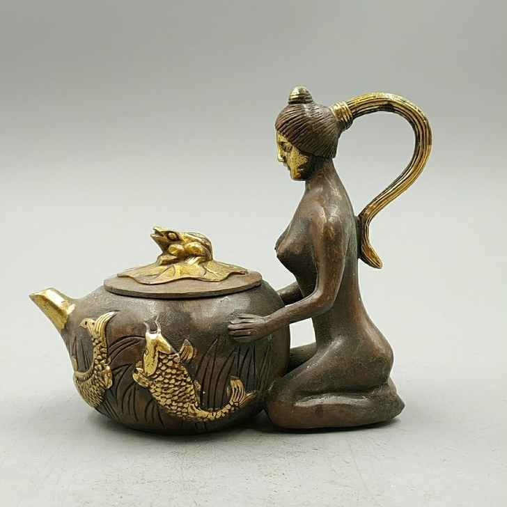 古玩收藏铜器铜壶铜鎏金美女壶双鱼茶壶酒壶传...