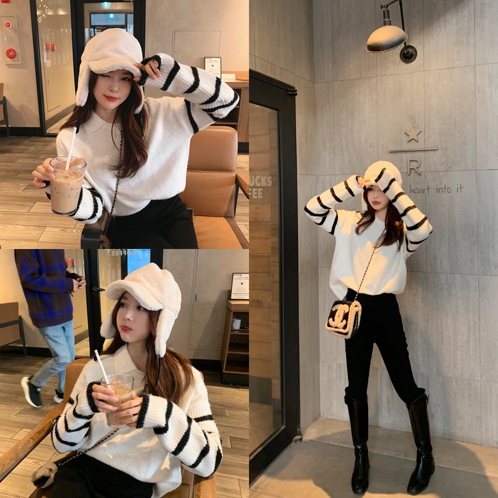 8月清仓条纹拼接袖套头针织衫显瘦2020早...