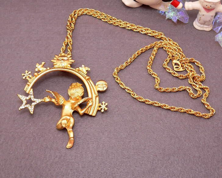 中古金色天使星星钻石太阳蛇骨项链毛衣链