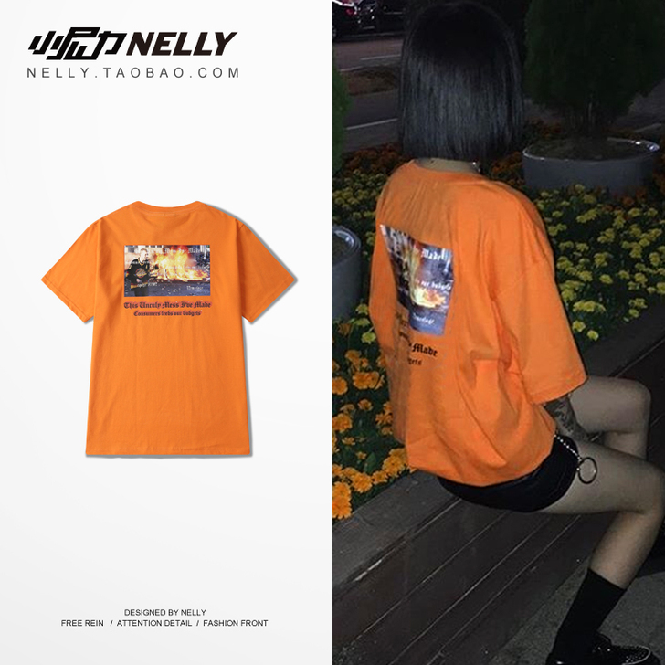 死飞原宿高街下摆短袖t恤男士滑板宽松短te...