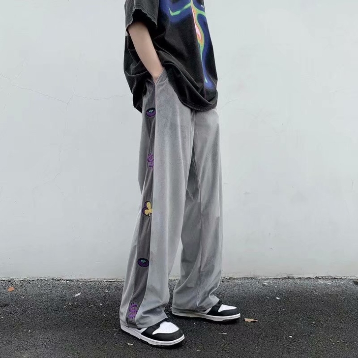 夏季丝绒高街休闲裤男高级感炸街裤子垂坠感宽...