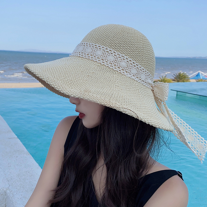大檐草帽女夏季海边沙滩遮阳帽蕾丝防晒帽蝴蝶...