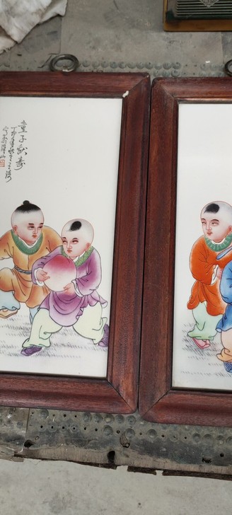 瓷板画,实木框,欢天喜地,四件套,全品!有...