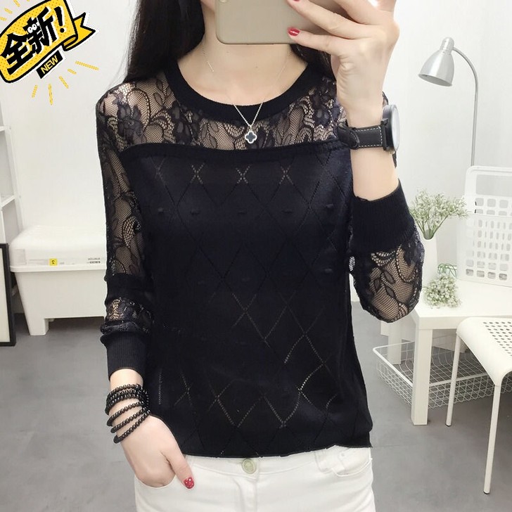 2021春秋新款镂空针织衫女蕾丝拼接薄款打...