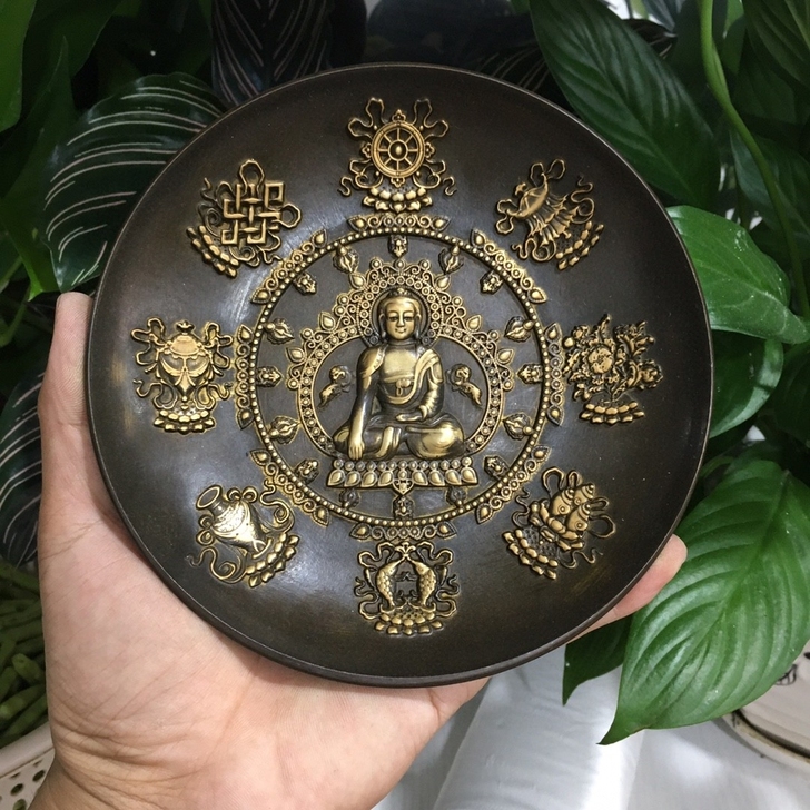 农村老物件老货精品鎏金法宝如来佛盘子八宝如...