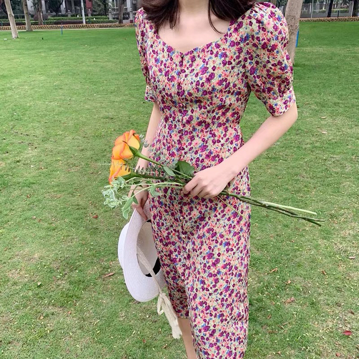 紫色碎花连衣裙，M码，九成新以上