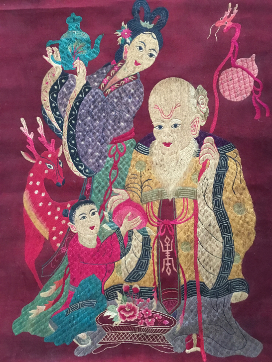 老绣麻姑献寿 老手工刺绣画