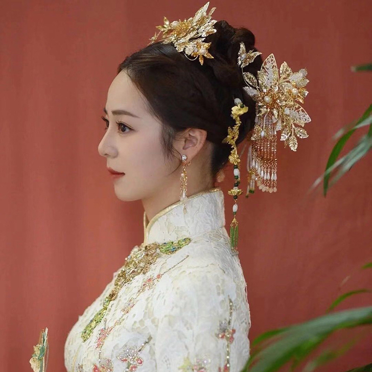 ETE中式婚礼古装秀禾新娘头饰古典金色大气...