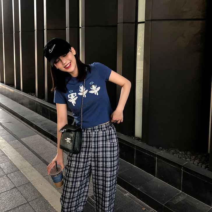 酷女孩的格子西裤 宽松高腰休闲裤显瘦阔腿格...