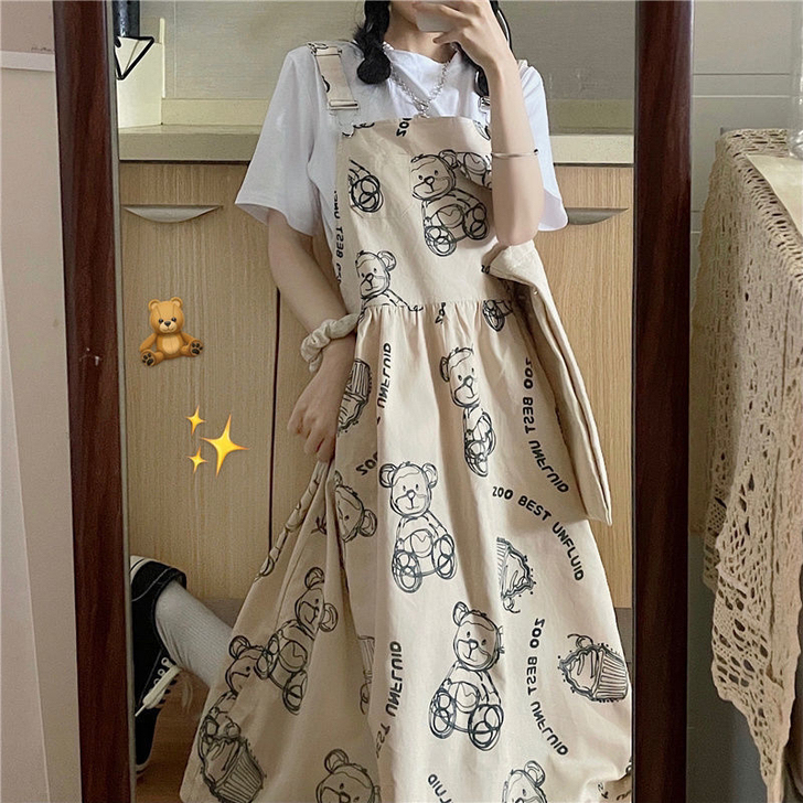 夏季新款港风韩版小熊工装背带连衣裙套装女学...