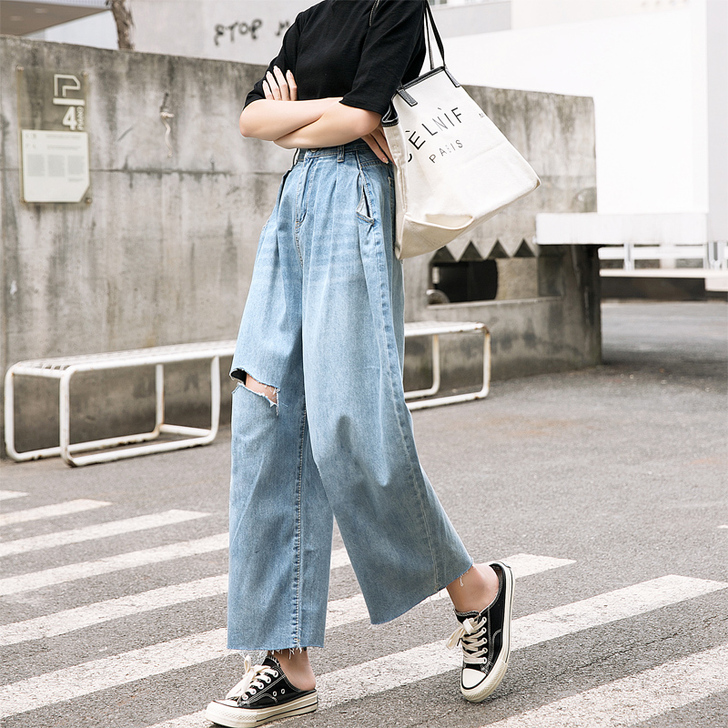 网红破洞牛仔裤女夏宽松高腰垂感阔腿裤坠感直...