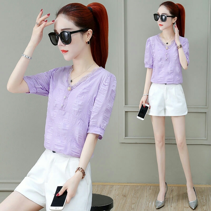全新 洋气短袖雪纺衫夏季新款韩版修身显瘦遮...