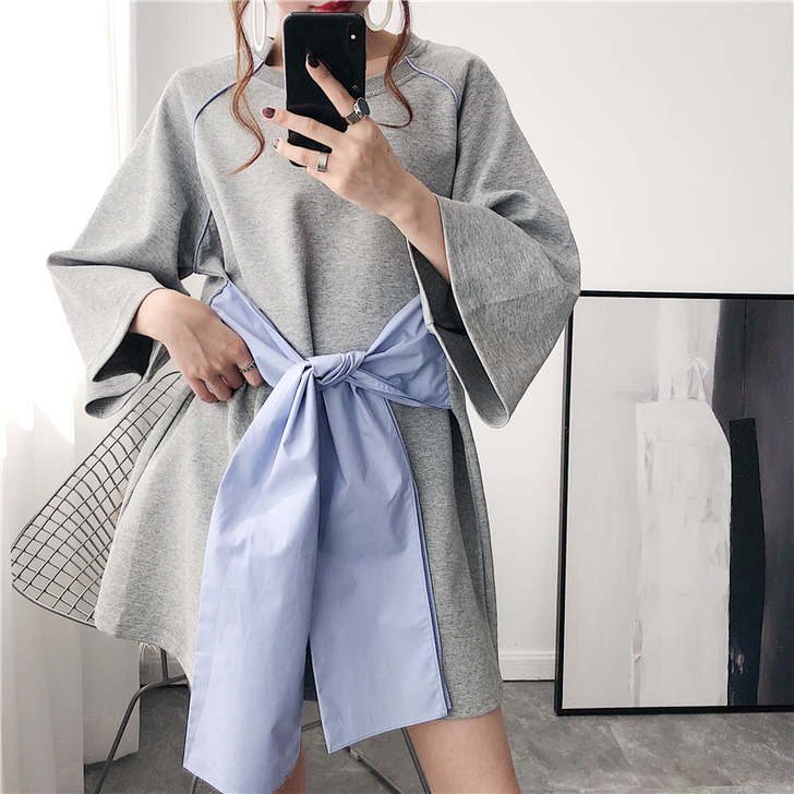 休闲运动风巨袖t恤女长款连衣裙收腰夏201...