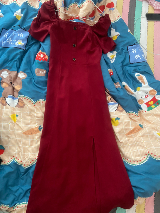 红色长裙复古港风开叉连衣裙方领气质连衣裙