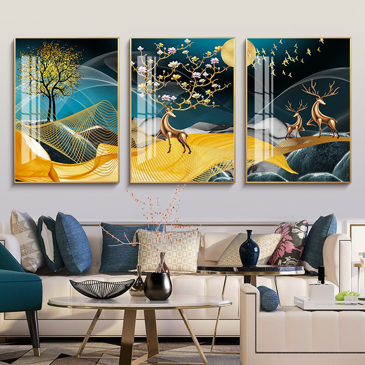 客厅装饰画现代简约三联晶瓷画北欧沙发背景墙...