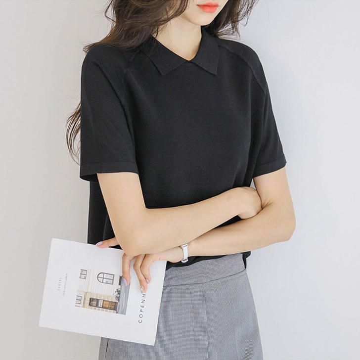 少媞 冰丝针织衫翻领短袖夏季2021新款女...