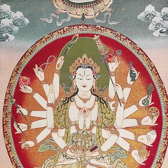 唐卡织锦准提佛母千手观音菩萨像古玩西藏密宗...