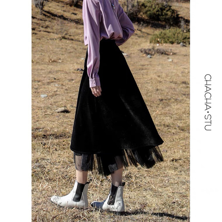 CHACHA 丝绒网纱半身裙中长款百褶裙女...