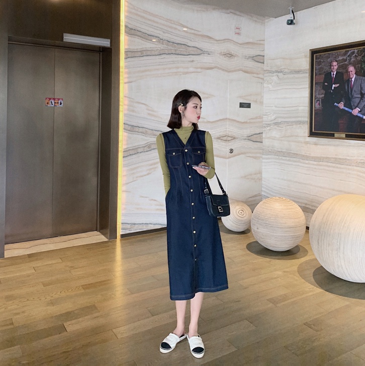 复古港风单排扣背心连衣裙女收腰显瘦中长款过...